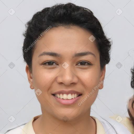 Joyful latino young-adult female with short  brown hair and brown eyes