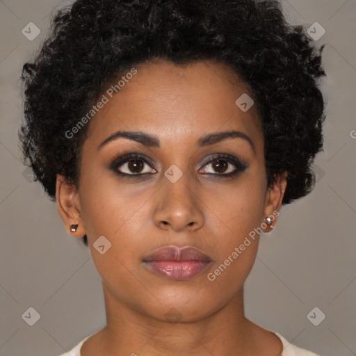 Neutral black young-adult female with short  brown hair and brown eyes