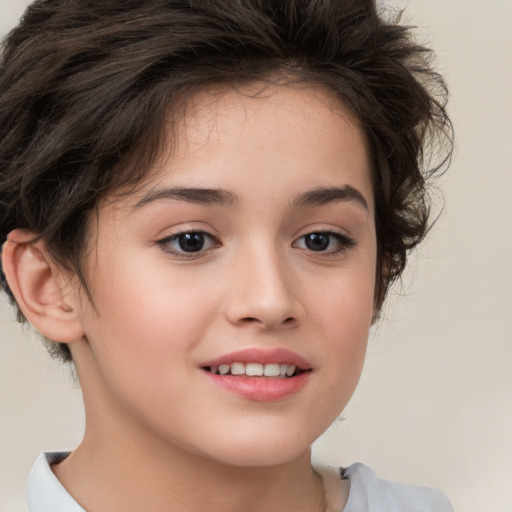 Joyful white child female with medium  brown hair and brown eyes