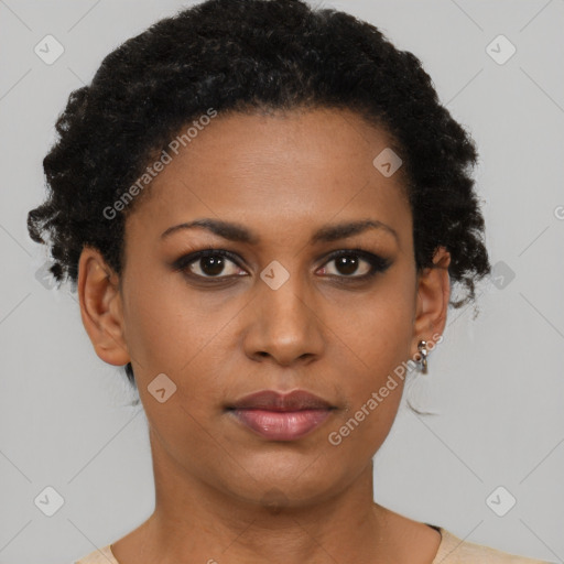 Neutral black young-adult female with short  brown hair and brown eyes