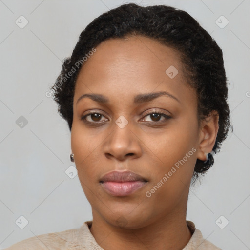 Neutral black young-adult female with short  black hair and brown eyes