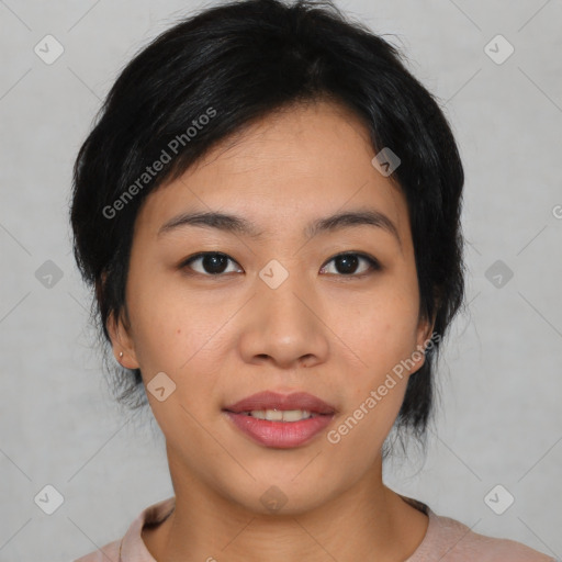 Joyful asian young-adult female with medium  black hair and brown eyes