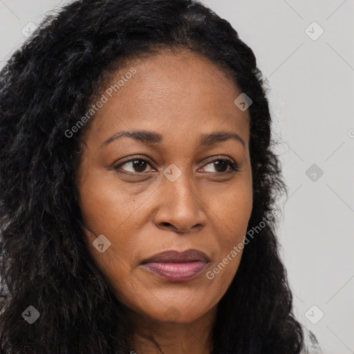 Joyful black young-adult female with long  brown hair and brown eyes