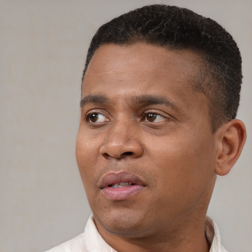 Joyful black adult male with short  brown hair and brown eyes