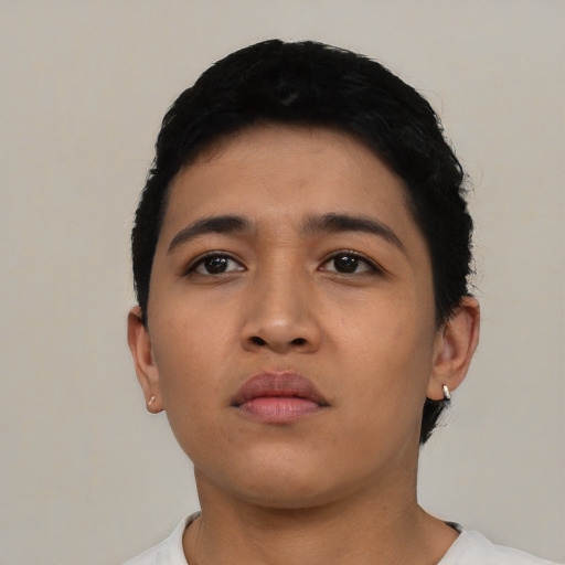 Neutral asian young-adult female with short  black hair and brown eyes