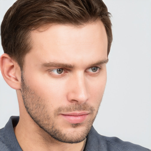 Neutral white young-adult male with short  brown hair and grey eyes