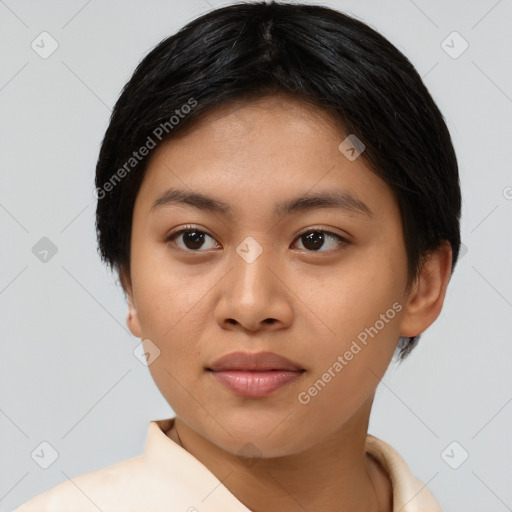 Neutral asian young-adult female with short  black hair and brown eyes