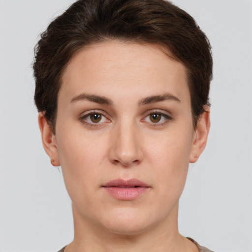 Neutral white young-adult female with short  brown hair and brown eyes