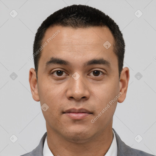 Neutral white young-adult male with short  black hair and brown eyes