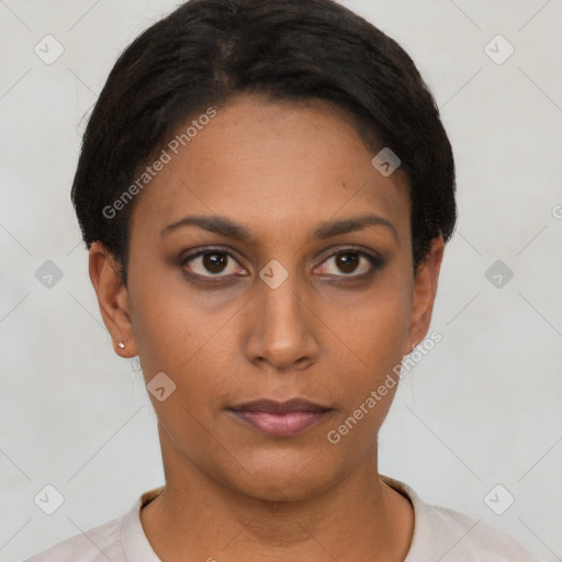 Neutral latino young-adult female with short  brown hair and brown eyes