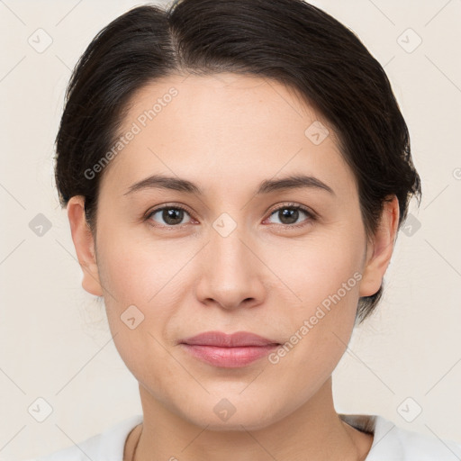 Joyful white young-adult female with medium  brown hair and brown eyes