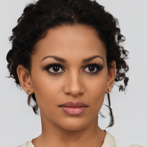Neutral latino young-adult female with short  brown hair and brown eyes