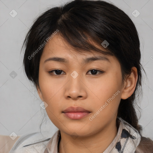 Neutral asian young-adult female with medium  brown hair and brown eyes