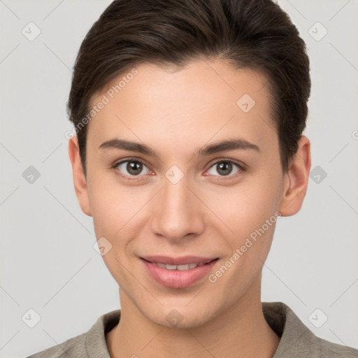 Joyful white young-adult female with short  brown hair and brown eyes