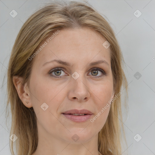 Joyful white adult female with medium  brown hair and grey eyes