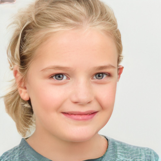 Joyful white child female with medium  brown hair and grey eyes