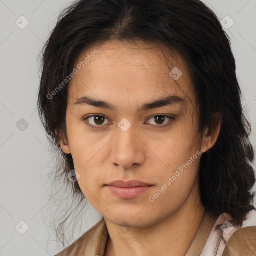 Neutral asian young-adult female with medium  brown hair and brown eyes