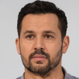 Neutral white adult male with short  black hair and brown eyes
