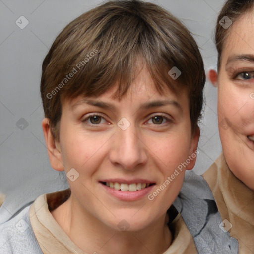 Joyful white young-adult female with short  brown hair and brown eyes