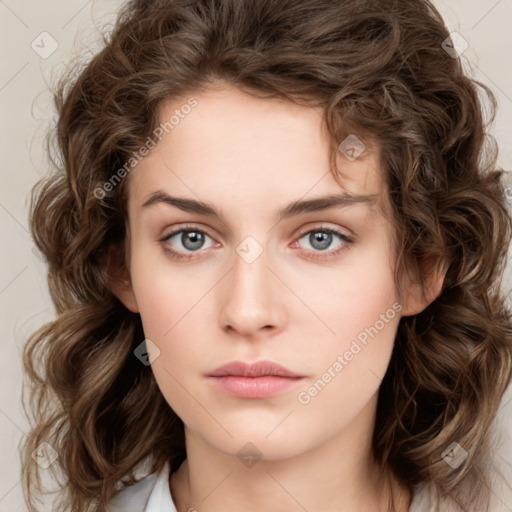 Neutral white young-adult female with medium  brown hair and green eyes