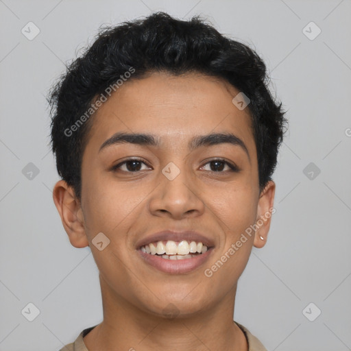 Joyful latino young-adult female with short  black hair and brown eyes