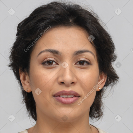 Joyful asian adult female with medium  brown hair and brown eyes