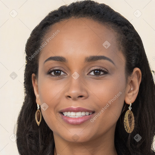 Joyful latino young-adult female with long  brown hair and brown eyes