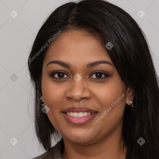 Joyful latino young-adult female with long  black hair and brown eyes