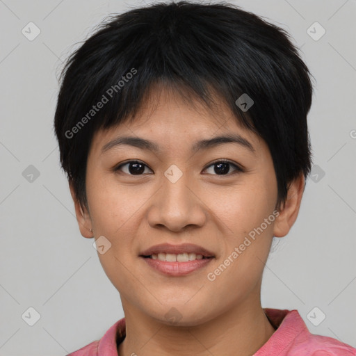 Joyful asian young-adult female with short  brown hair and brown eyes