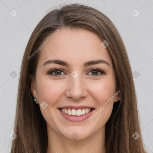 Joyful white young-adult female with long  brown hair and grey eyes