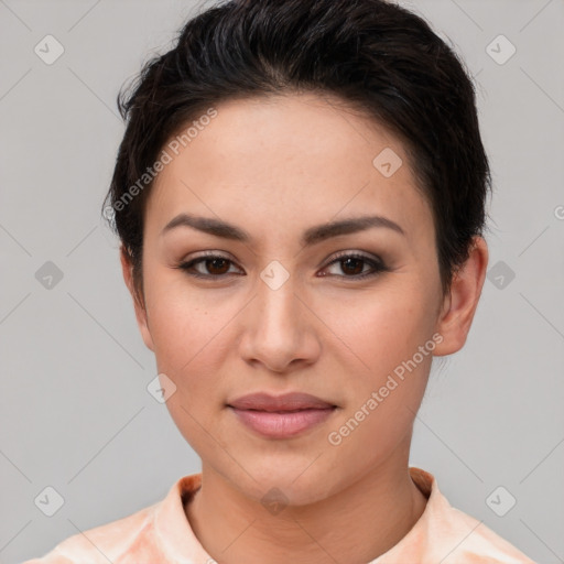 Joyful asian young-adult female with short  brown hair and brown eyes