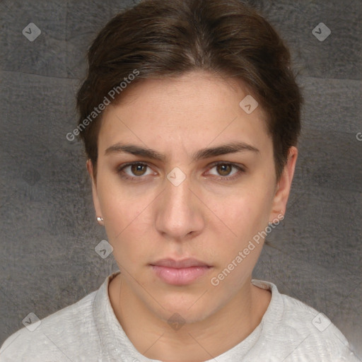 Neutral white young-adult female with short  brown hair and brown eyes