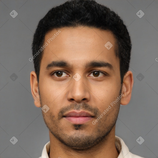 Neutral latino young-adult male with short  black hair and brown eyes