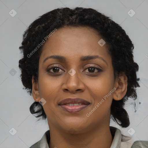 Joyful black young-adult female with medium  black hair and brown eyes