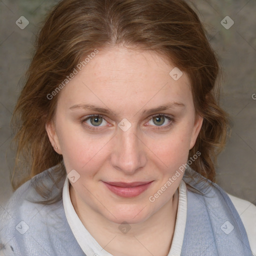 Joyful white young-adult female with medium  brown hair and blue eyes