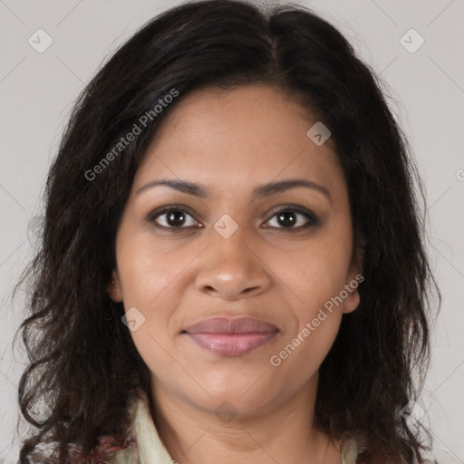 Joyful black young-adult female with medium  brown hair and brown eyes