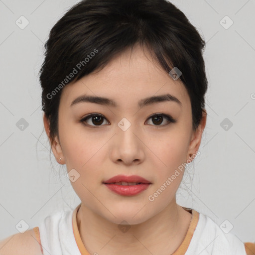 Neutral asian young-adult female with medium  brown hair and brown eyes