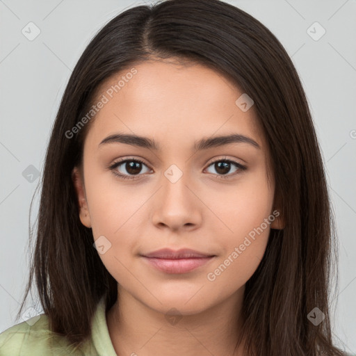 Neutral white young-adult female with long  brown hair and brown eyes