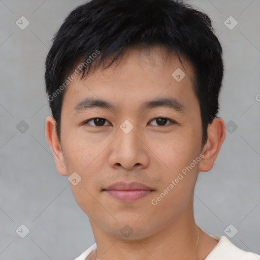 Neutral asian young-adult male with short  black hair and brown eyes