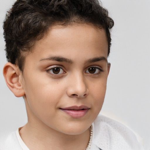 Joyful white child female with short  brown hair and brown eyes