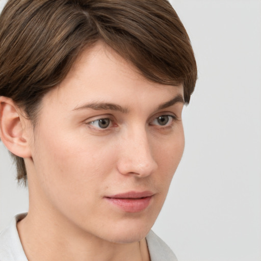 Neutral white young-adult female with short  brown hair and brown eyes