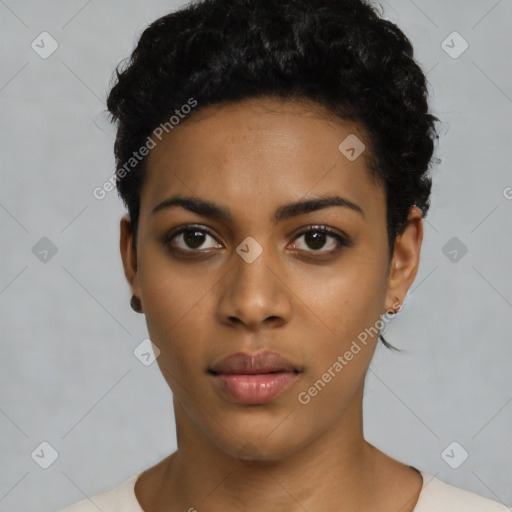 Neutral latino young-adult female with short  black hair and brown eyes