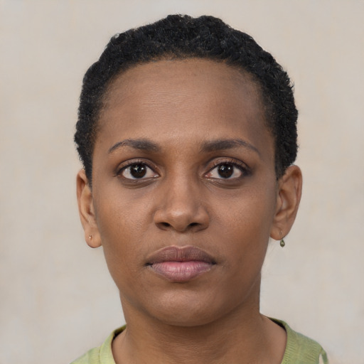 Neutral black young-adult female with short  black hair and brown eyes