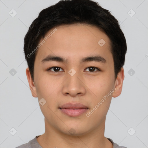 Neutral asian young-adult male with short  brown hair and brown eyes