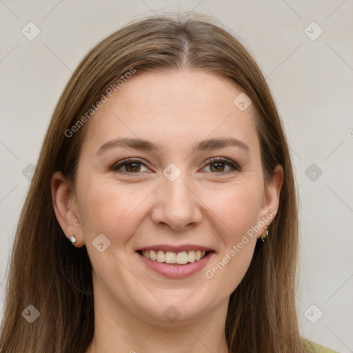 Joyful white young-adult female with long  brown hair and grey eyes