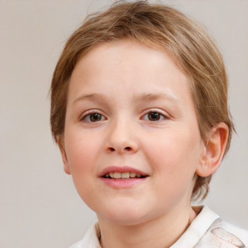 Joyful white child female with medium  brown hair and brown eyes