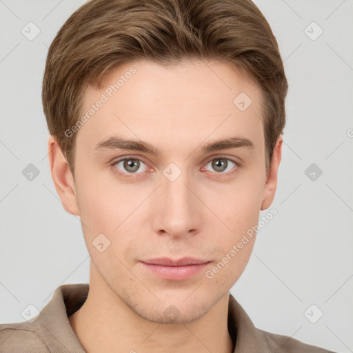 Neutral white young-adult male with short  brown hair and grey eyes