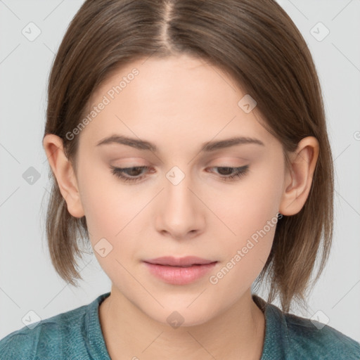 Neutral white young-adult female with medium  brown hair and brown eyes