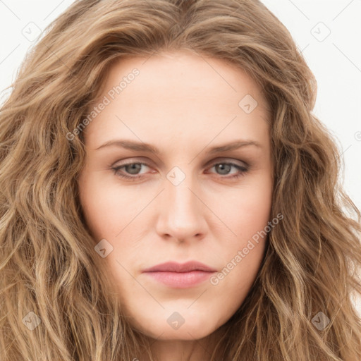 Neutral white young-adult female with long  brown hair and brown eyes