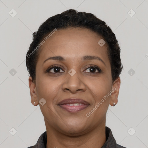 Joyful latino adult female with short  black hair and brown eyes